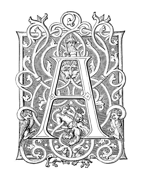 illustrazioni stock, clip art, cartoni animati e icone di tendenza di decorazione lettera a-antique incisione - pencil drawing alphabet capital letter text