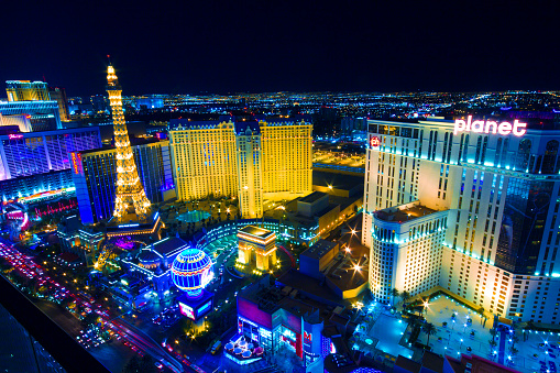 Aerial shot of Las Vegas, Nevada at night. Authorization was obtained from the FAA for this operation in restricted airspace.