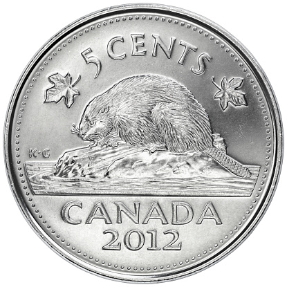 Naucalpan, Mexico - March 12, 2013: Reverse of the Canadian Five Cents Coin, it depicts a representation of a Beaver sitting on a log and was designed by G.E. Kruger Gray in 1937