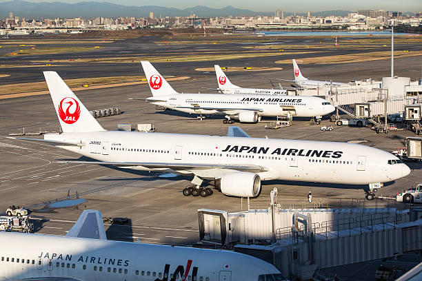 Japan Airlines JAL Tokyo, Japan - December 4, 2012: Japan Airlines airplane and JAL Express airplane at Tokyo International Airport (Haneda Airport) in Japan. Some workers are working at the airport area. It is located in Ota Ward, Tokyo, Japan. Tokyo International Airport is the busiest airport in Japan. boeing 737 photos stock pictures, royalty-free photos & images