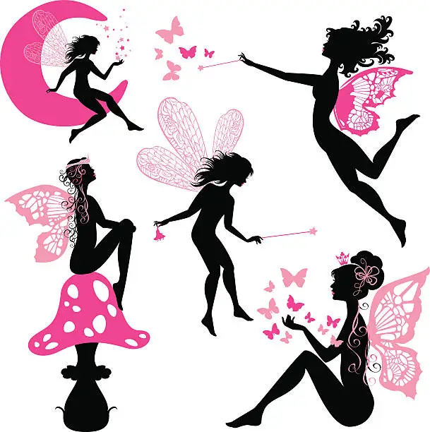 Vector illustration of Set of silhouette fairy girls with butterflies