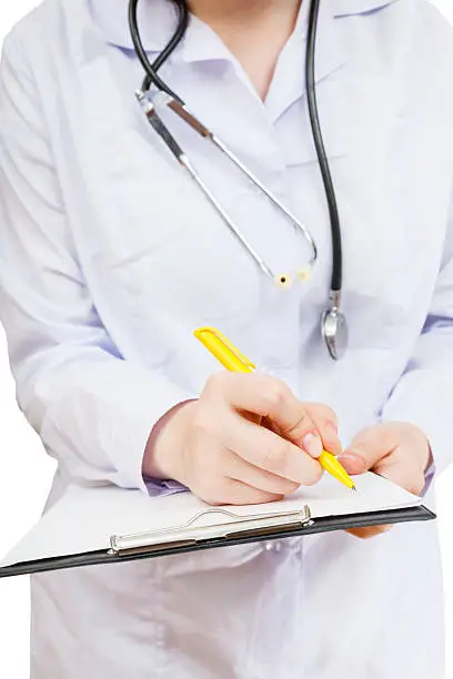 nurse writes remarks in clipboard isolated on white background