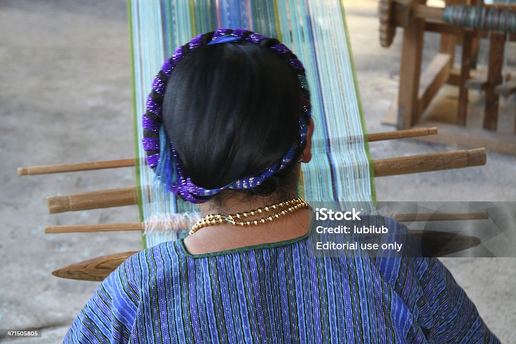 Maya-Frau Weben im village am lake Atitlan, Guatemala - Lizenzfrei Treibriemen-Webstuhl Stock-Foto