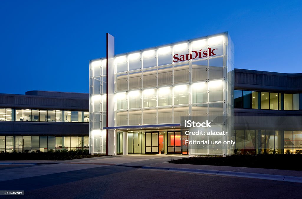 SanDisk Corporate Headquarters, Silicon Valley, California Milpitas, USA - February 23, 2013: Evening shot of the SanDisk Corporate Headquarters, Silicon Valley, California, with a stylized version of a flash card as a major design element. Building Exterior Stock Photo