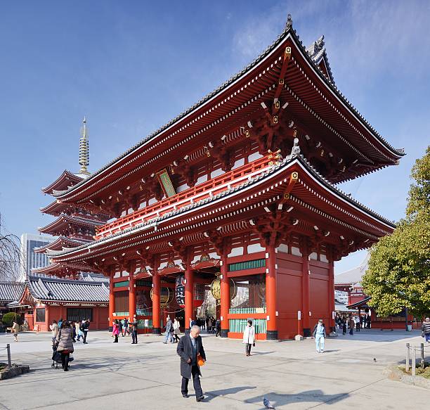 Tokyo, Japan - February 7, 2013: Visitors pass the Hozomon gate at Senso-ji Temple. Founded in 628, it is Tokyo's oldest temples and one of the most significant.