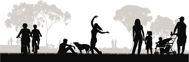 park scene with cycists, pet dog, woman dancing, family with stroller, treeline, eucalyptus trees.  The vector illustration is of silhouette people all in black with a grey background.