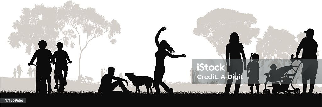 Park In Springtime park scene with cycists, pet dog, woman dancing, family with stroller, treeline, eucalyptus trees.  The vector illustration is of silhouette people all in black with a grey background. In Silhouette stock vector