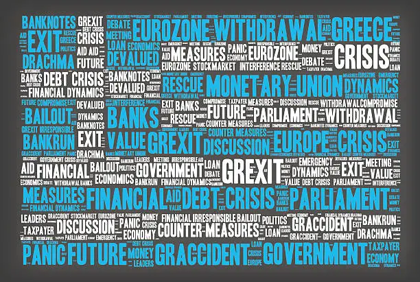 Vector illustration of Grexit Word Cloud - About the Greek Crisis, Greek Flag