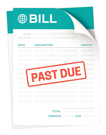 A paper bill for a credit card, tax, mortgage or other company invoice with a large past due stamp on it isolated on a white background. EPS 10 file. Transparency effects used on highlight elements.