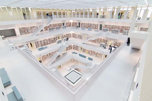STUTTGART, GERMANY - MAR 23, 2013: Interior of new public library in Stuttgart. The library, opened in October 2011 and designed by Yi Architects, had 2.691.892 visitors in 2012.