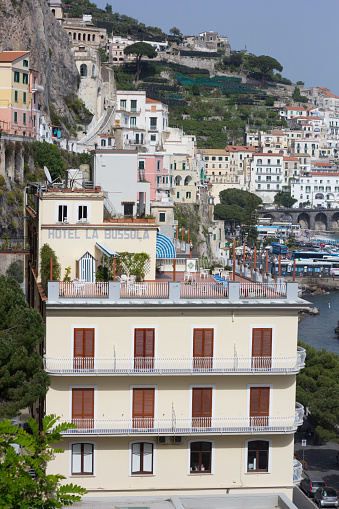 Amalfi, Italy - April 30, 2013: A view of the four-star Hotel La Bussola, a prominent accommodation in the town of Amalfi in Campania. 