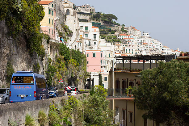 Turquoise Italian Amalfi Coast aerial panorama from Ravello terrace