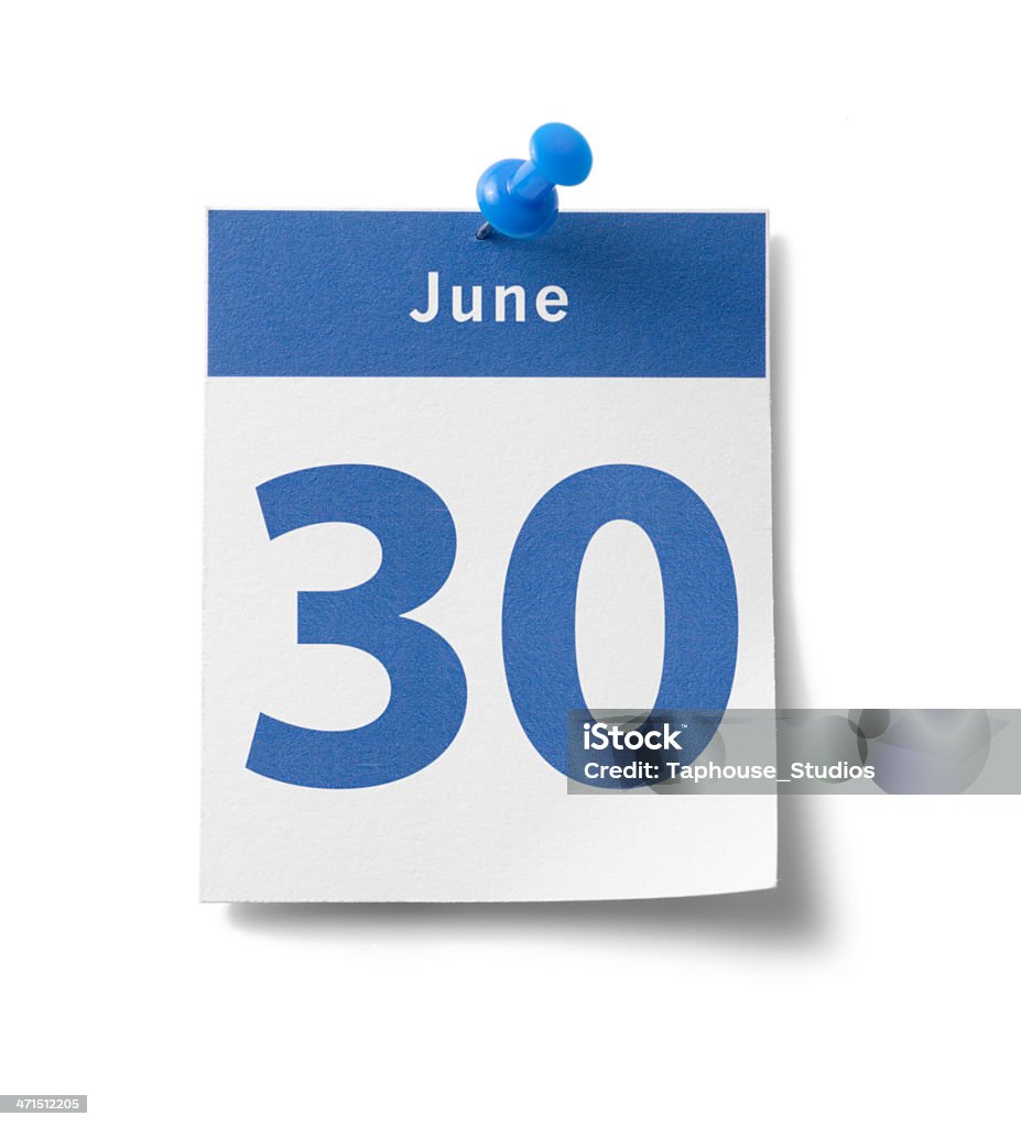 June 30th A photograph of a calendar page with a blue band and the date - "June 30th" - isolated on white. June Stock Photo