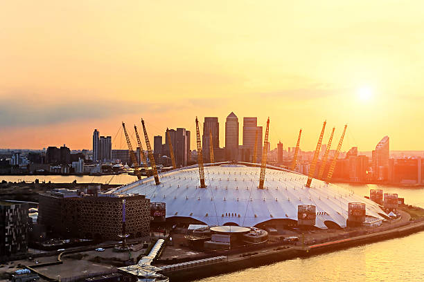 Aerial view of The Millennium Dome at sunset stock photo