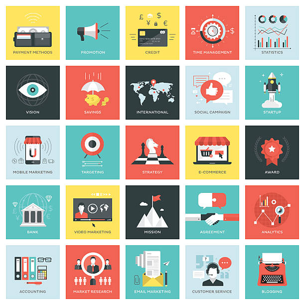 Business icons squares Set of flat vector icons with layers. determination illustrations stock illustrations