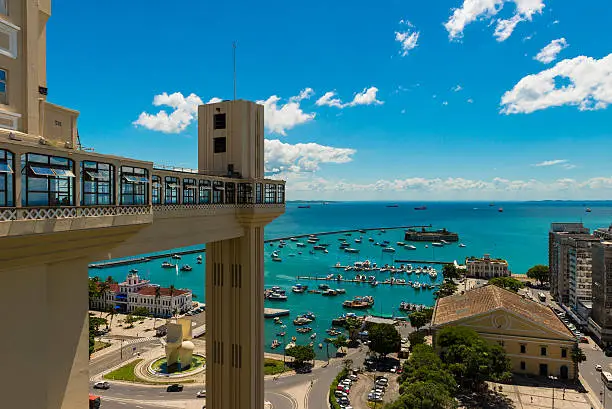Upper view from the Lacerda Elevator, Mercado Modelo and the stunning Baía de Todos os Santos in Bahia state