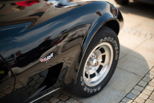 Ludwigsburg, Germany - May 5, 2013: A Chevrolet Corvette classic car is presented during the eMotionen show on the market square on May 5, 2013 in Ludwigsburg, Germany. The eMotionen show was presenting classic cars and modern electronic cars during a shopping Sunday with the stores in Ludwigsburg opening their doors.