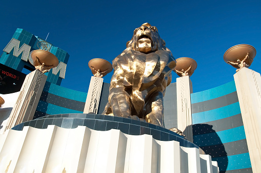 as Vegas - September 28, 2011 - Lion statue at Las Vegas MGM Grand Casino Hotel on the Las Vegas Strip. MGM is the second largest hotel in the world.