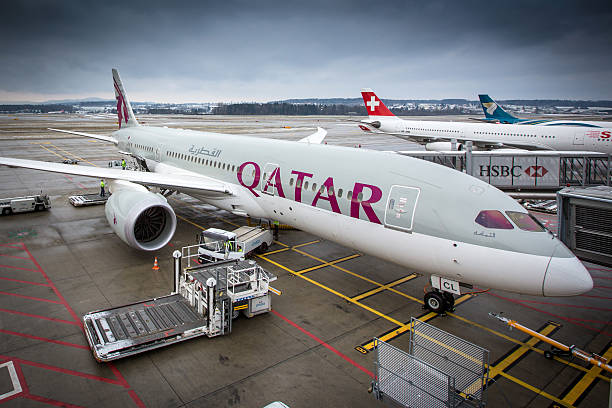 Zürich, Switzerland - January 16, 2013: Boeing 787-8 Dreamliner of Qatar Airways at Zurich Airport. Qatar Airways operates a hub-and-spoke network, linking over 100 international destinations from its base in Doha, using a fleet of over 100 aircraft.