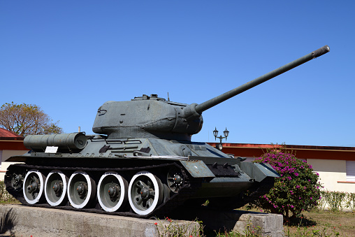 Playa Giron, Cuba - March 5, 2013: A Soviet Russian T-34 tank outside the Bay of Pigs Museum, in Matanzas province. 