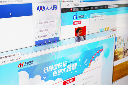 Shanghai, China - May 11, 2013: Close-up view of social networking websites in China on computer screen including Renren, Tencent, Sina Microblog and Netease. These social networking sites are the most visited websites in China.