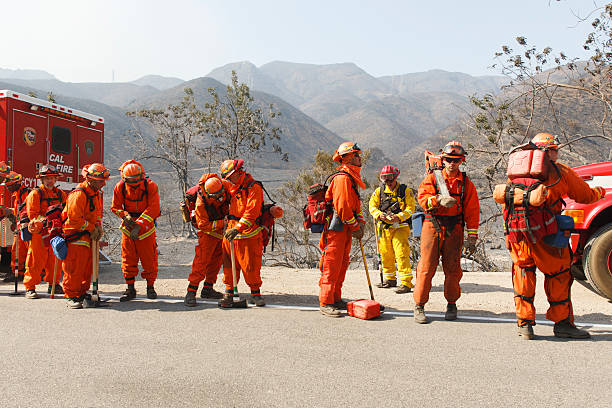 Newbury Park, California, USA - May 1, 2013: Camarillo Springs Forrest Fire - Members of Fire Crew getting equipment ready for deployed to fire lines