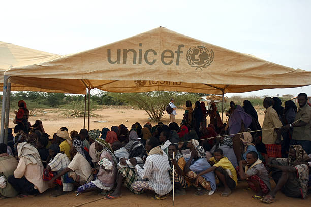 Famine in Africa Dadaab Refugee Camp Dadaab, Kenya - August 13, 2011: A newly arrived Somali refugees waits following their registration and food on August 13, 2011 at the Dadaab refuge complex. UN Under-Secretary-General for Humanitarian Affairs and Emergency Relief Coordinator Valerie Amos toured today the refuge complex holding more that 440,000 refugees during the third day of her visit to southern Somalia and to the Kenya-hosted refugee complex to asses the impact of the famine. Her visit comes as the UN said its moving on two fronts to counter the worsening food crisis in the Horn of Africa, with an immediate infusion of food in an area where 640,000 children alone are threatened with acute malnutrition. unicef photos stock pictures, royalty-free photos & images