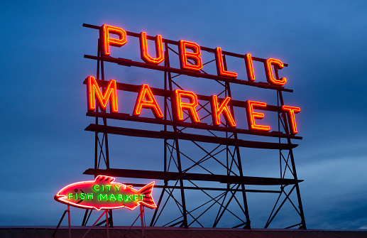 Seattle, Washington, USA - May 11, 2013: The Pike Place Public Market Neon Sign Downtown Seattle Washington