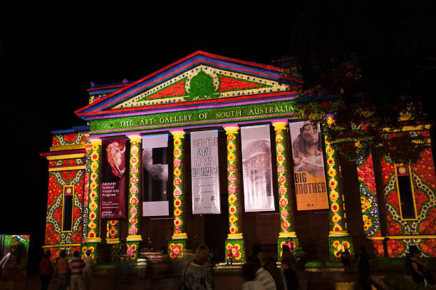 Adelaide, Australia - April 4, 2010: Northern Lights Festival in Adelaide which featured digital images projected onto landmark buildings along North Terrace to celebrate the Adelaide Festival being 50 years old. The South Australian Art Gallery building is featured in this image.