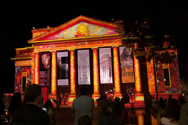 Adelaide, Australia - April 4, 2010: Northern Lights Festival in Adelaide which featured digital images projected onto landmark buildings along North Terrace to celebrate the Adelaide Festival being 50 years old. The South Australian Art Gallery building is featured in this image.