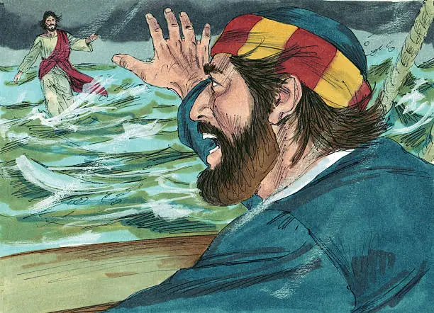 During a storm, Jesus saw the disciples in a boat on the sea. Knowing they were in trouble, Jesus walked out on the water to save them. When Peter saw Him, he called out to Jesus who beckoned Peter to "Come." This story is in Matthew 14 in the New Testament of the Bible.