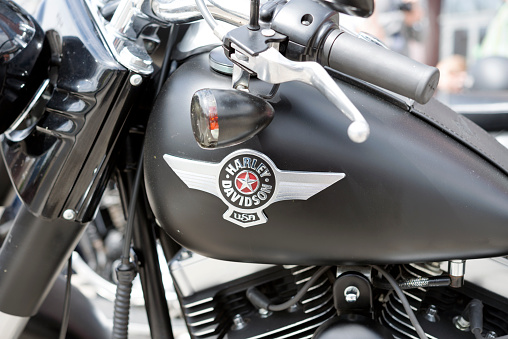 Wroclaw, Poland - May 18, 2013: Detail of Harley Davidson motorcycle parked in the city during \