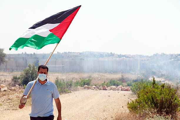 palestino protester segurando a bandeira de parede de separação west bank - bilin - fotografias e filmes do acervo