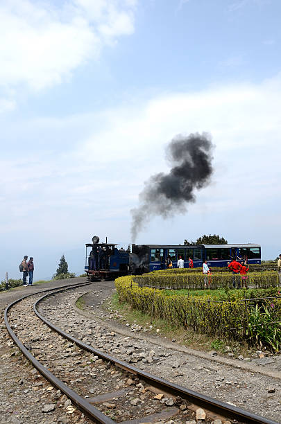 Batasia, Darjeeling, India - April 4, 2011: Steam engine Toy Train has just stopped at the Batasia War Memorial in Darjeeling District(West Bengal); people sitting in the trainn and walking in the park