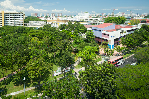 Singapore, Singapore - May 19, 2013: An elevated view of Bedok New Town Center showing Library Building and Town Park.