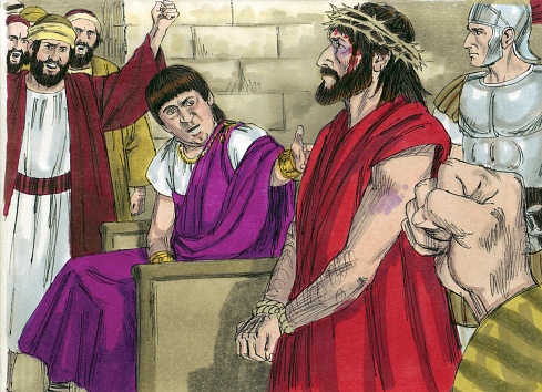The trial of Jesus was taking place in front of Pilate. Pilate sat on his judgment seat and brought Jesus to him. \