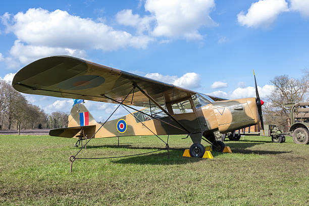 istock Old military airplane on green meadow with blue sky 471529580