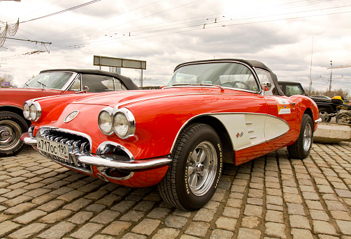 Moscow, Russia – April 21, 2013: Russian retro car Chevrolet Corvette on rally of classical cars on Poklonnaya hill.