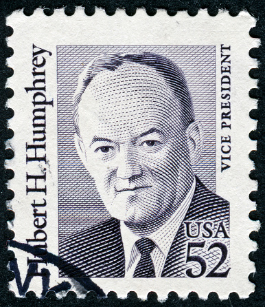 Richmond, Virginia, USA - December 3rd, 2012: Cancelled 52 Cent Stamp Featuring The 38th American Vice President, Hubert H. Humphrey. Humphrey Served Under Lyndon Baines Johnson Between 1965 And 1969.