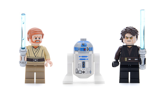 Ankara, Turkey - May 23, 2013: Lego Starwars Anakin's Jedi Interceptor with Anakin Skywalker, Obi-Wan Kenobi and R2-D2 minifigures isolated on white background.