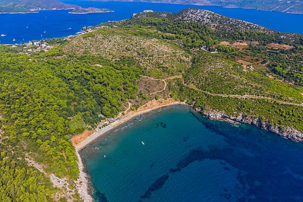 Elaphites near Dubrovnik Sandy beach on Elaphites island Lopud - Dubrovnik archipelago. dubrovnik lopud stock pictures, royalty-free photos & images