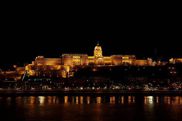 Budapest Castle by night Budapest Castle taken from a unique point-of-view of a high building on the opposite side of the river Danube at night. arma-globalphotos stock pictures, royalty-free photos & images