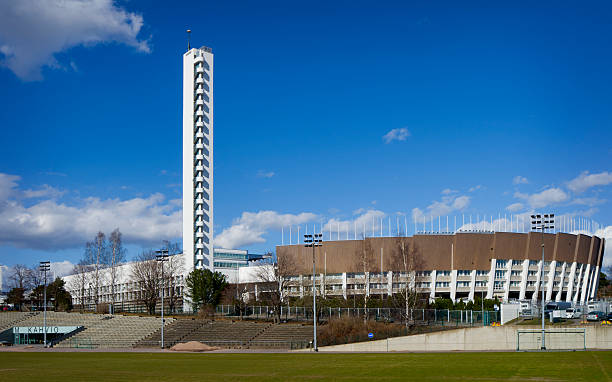Helsinki Finland Olympic Stadium Helsinki, Finland - April 28, 2013: Olympic Stadium with tower, built for the 1952 Olympic Games. Entrance to a cafeteria is seen on bottom left. 1952 1952 stock pictures, royalty-free photos & images