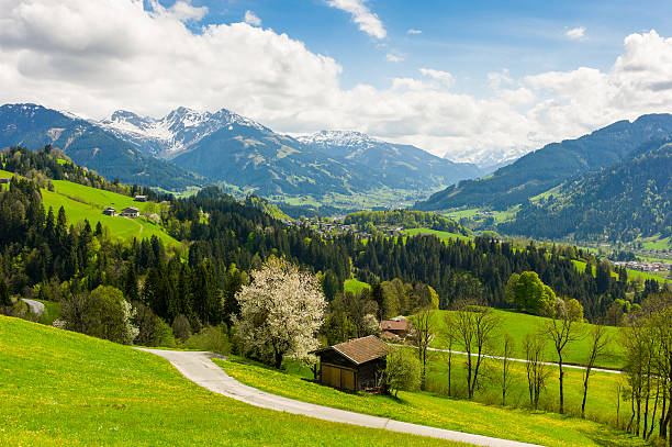 Kitzbuehel view to Pass Thurn at springtime stock photo