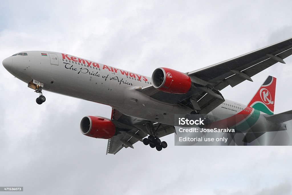 Kenya Airways London, United Kingdom - July 17, 2007: a Kenya Airways Boeing 777 arrives at Heathrow airport under rain. Kenya Stock Photo