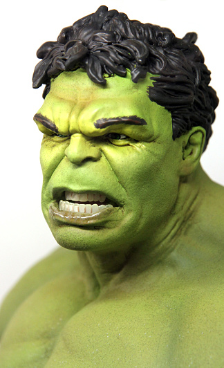 Vancouver, Canada - May 25, 2013: A model of the Incredible Hulk, created by Stan Lee for Marvel comics, against a white background.