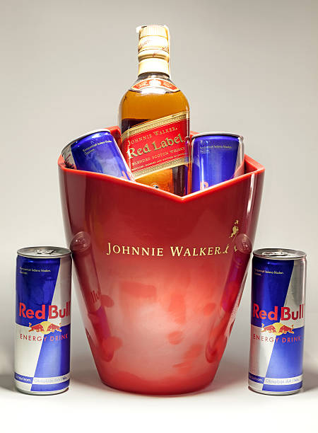 Red Bull Cans and Johnnie Walker Whiske stock photo