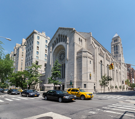 New York City, USA - July 12, 2012:  Facade of Temple Emanu-El in Manhattan. Temple Emanu-El of New York is the Reform Jewish congregation in New York City.