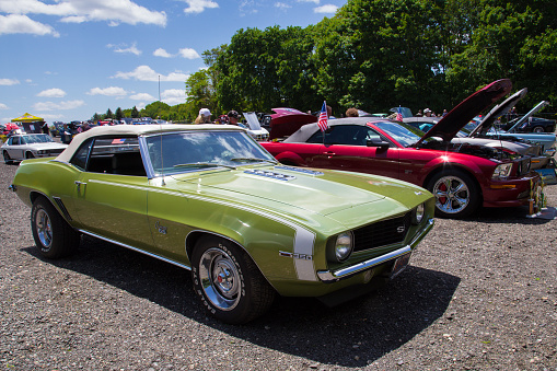Oyster Bay, NY, USA - May 26, 2013:  Classic Camaro on display at New York AutoFest in Oyster Bay, NY on May 26, 2013.  These car shows featuring classic collectible automobiles help raise funds for charitable organizations