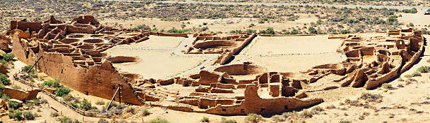 Pueblo Bonito Ruins Panoramic - Chaco Culture National Historical Park High angle panoramic of Pueblo Bonito Ruins in Chaco Canyon at Chaco Culture National Historical Park, New Mexico, USA. Multiple files stitched. chaco culture national historic park stock pictures, royalty-free photos & images